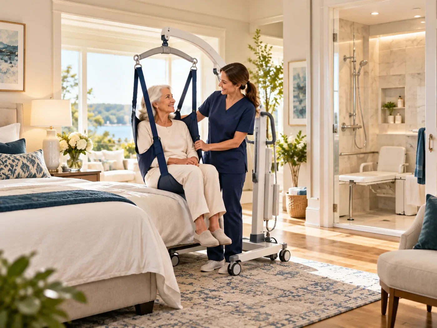 A caregiver assisting a woman using a home patient-transfer lift in a bright bedroom beside an accessible bathroom