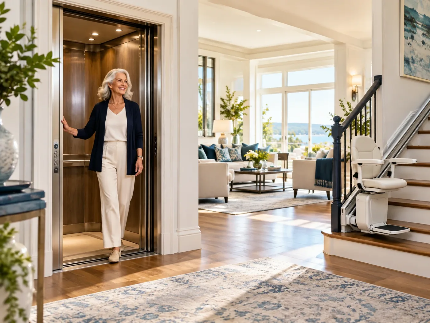 A woman stepping out of a residential elevator into the bright open living space of an upscale home, with a stair lift on the staircase behind her
