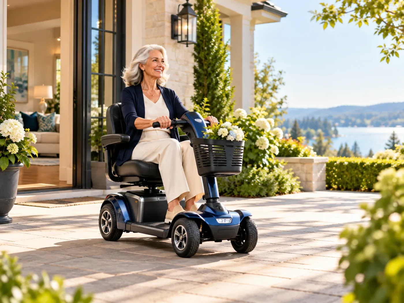 A woman driving a premium four-wheel mobility scooter along the paved entrance of a beautiful home on a sunny day