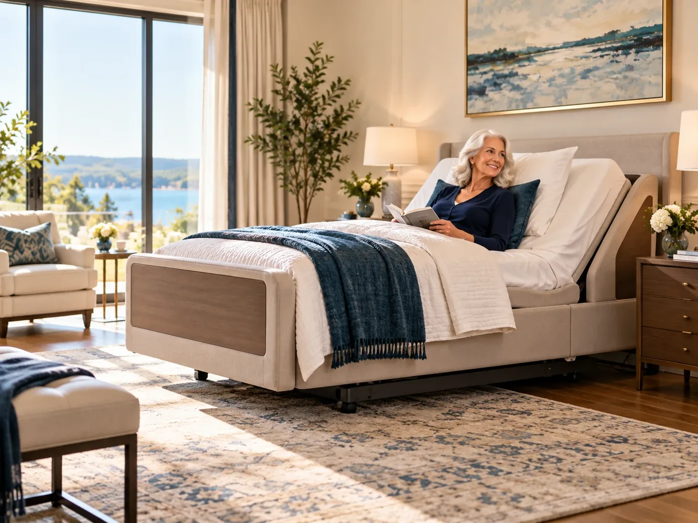 A woman reading comfortably in an adjustable medical bed in an elegant bedroom with a lake view
