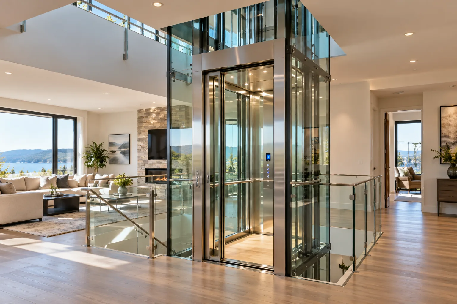 Custom glass residential elevator installed between floors in a luxury modern home.