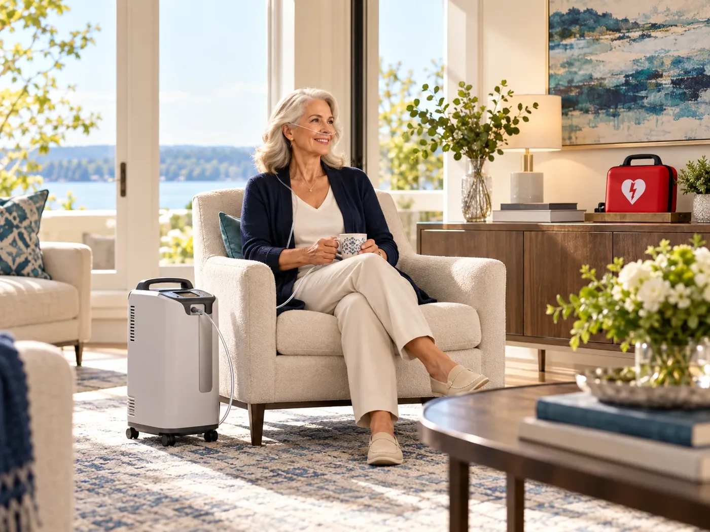 A woman relaxing in an upscale living room beside a home oxygen concentrator, with an AED cabinet on the sideboard behind her