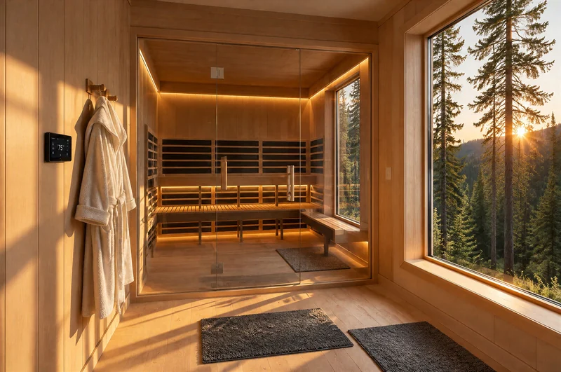 Glass-fronted sauna with cedar benches looking out over a forest