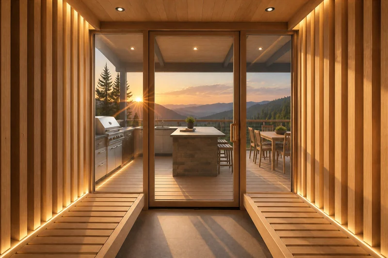 Wood-lined sauna with a glass wall opening onto a mountain deck view