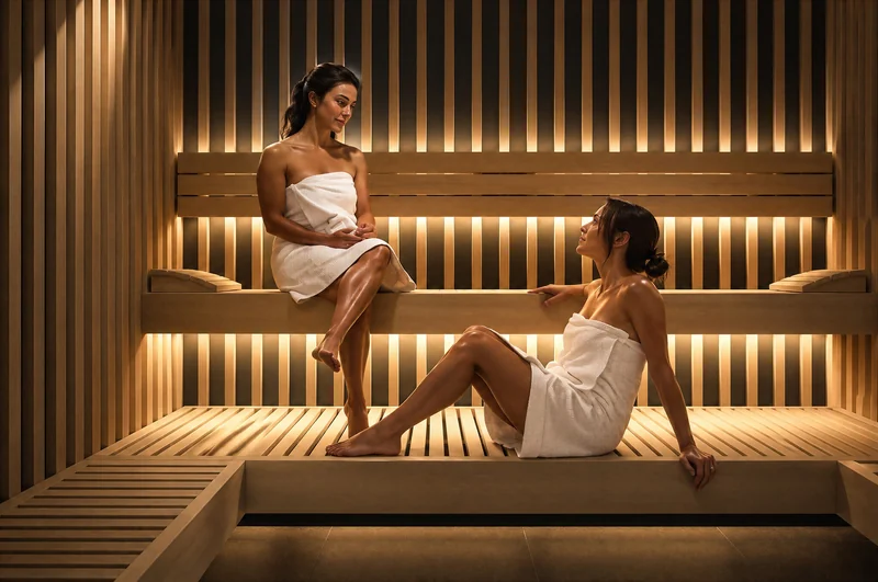 Two women seated on the cedar benches of a warmly illuminated sauna