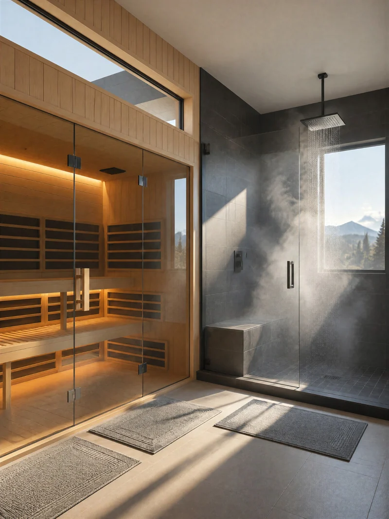 Glass sauna installed alongside a walk-in shower in a stone bathroom