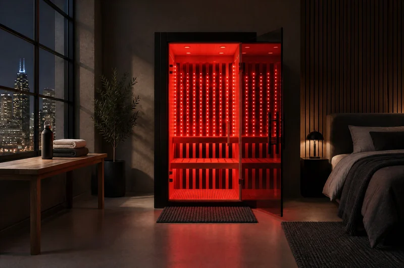 Sauna interior with red light therapy panels and a city skyline view