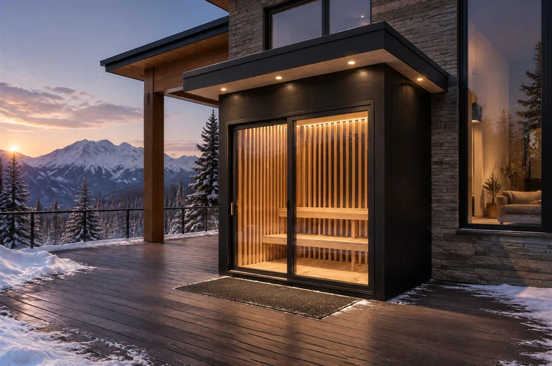 Outdoor sauna cabin set against a mountain landscape