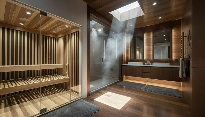 Modern sauna built into a spa-style bathroom with warm wood detailing