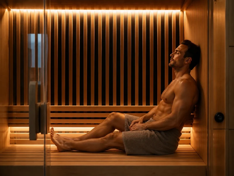 A man relaxing on the bench of a wood-lined sauna