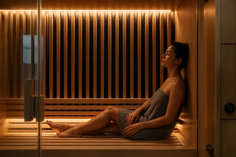 A woman relaxing against the wall of a warmly lit wooden sauna
